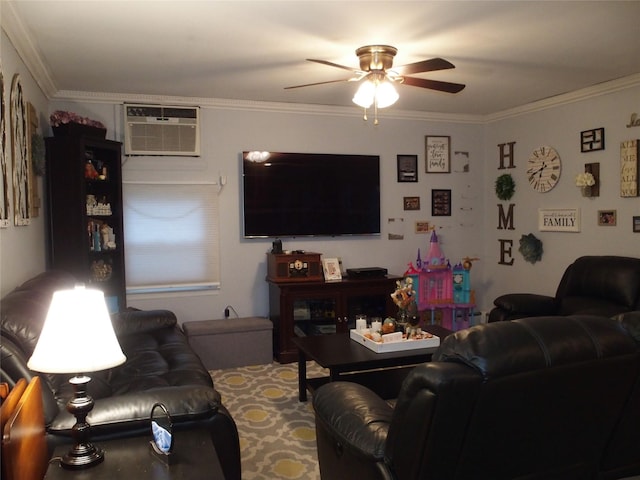 living room with crown molding, ceiling fan, and a wall mounted air conditioner