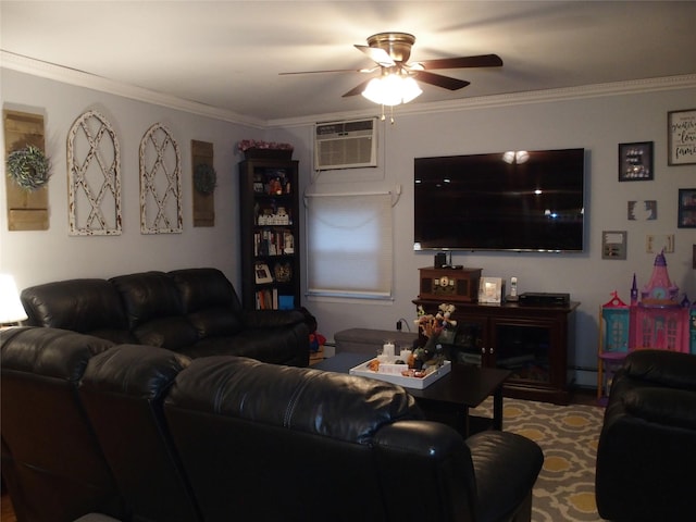 living room with a wall unit AC, ceiling fan, and ornamental molding