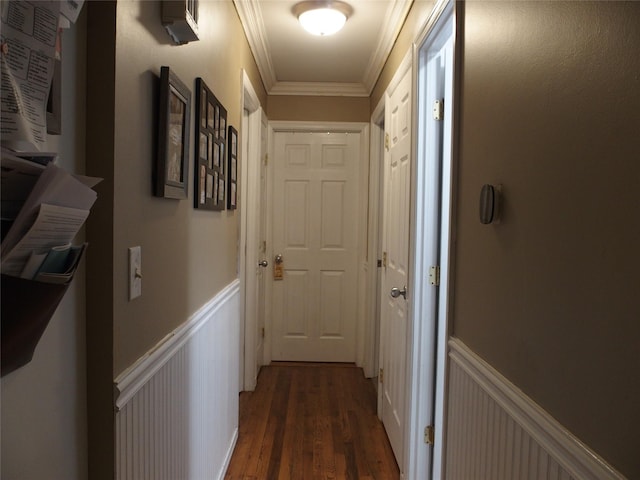 hallway featuring crown molding and dark hardwood / wood-style flooring