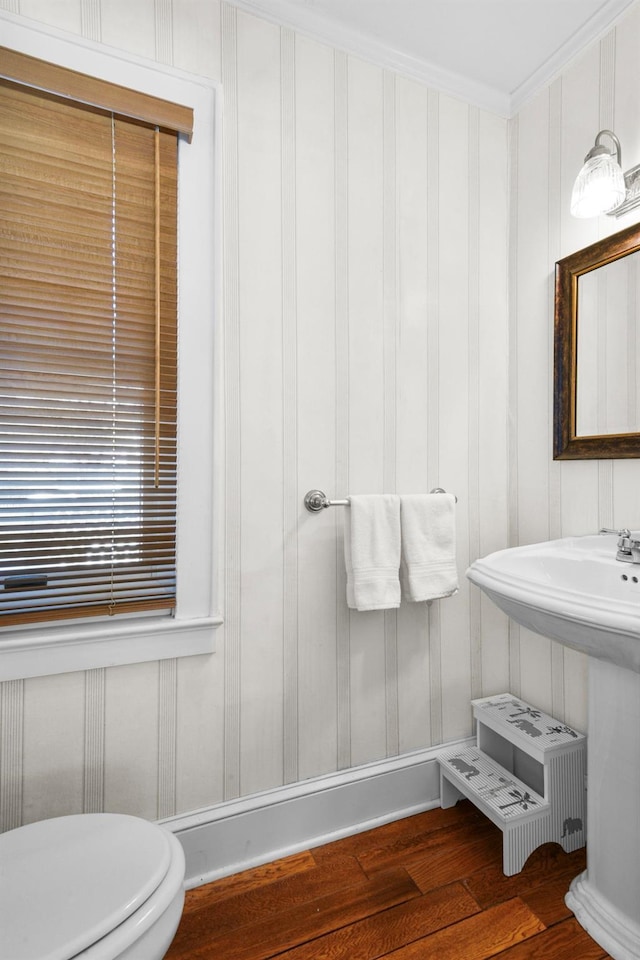 bathroom featuring a sink, wood finished floors, toilet, and crown molding