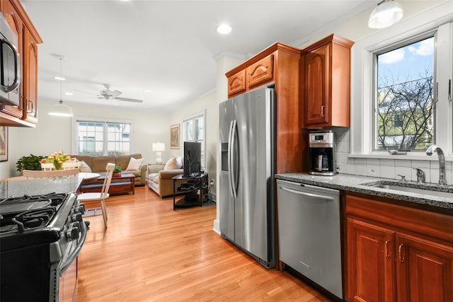 kitchen featuring appliances with stainless steel finishes, open floor plan, a sink, light wood-style floors, and backsplash