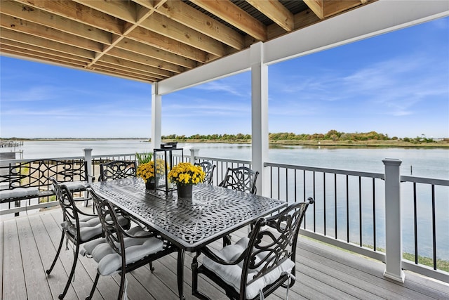 wooden deck featuring a water view