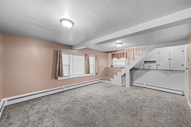 carpeted spare room with beam ceiling and a baseboard radiator