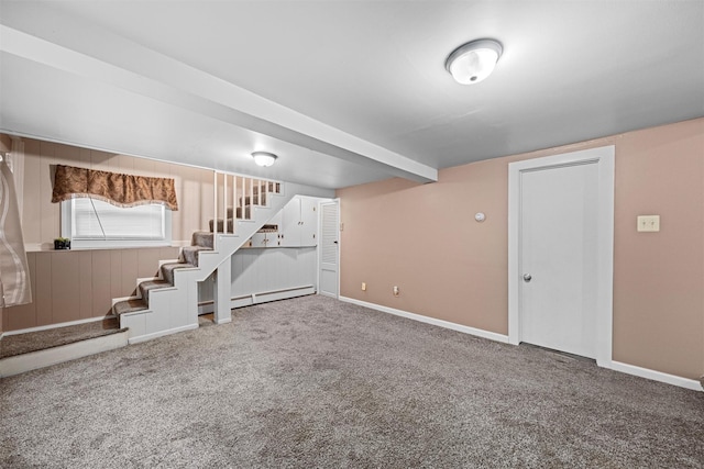 basement with carpet floors and a baseboard radiator