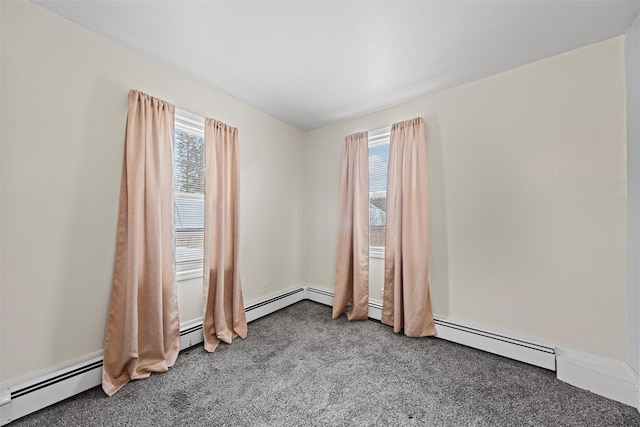 unfurnished room featuring carpet floors and baseboard heating