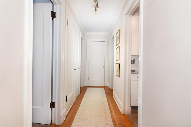 hall featuring ornamental molding and light wood-type flooring