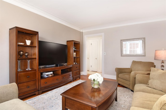 living room with light wood-type flooring and ornamental molding