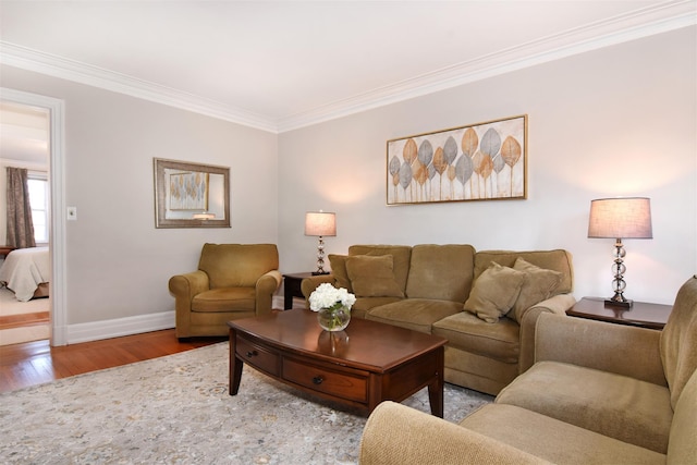 living room featuring hardwood / wood-style floors and ornamental molding