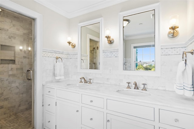 bathroom with vanity, walk in shower, crown molding, and tile walls