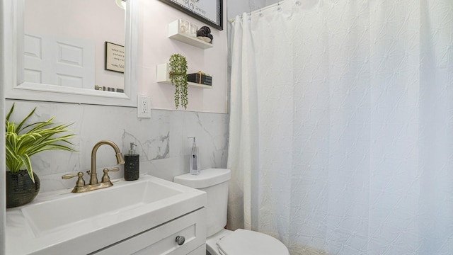 2350 Waterbury Ave, Bronx, NY 10462 - bathroom with vanity, decorative backsplash, tile walls, and curtained shower