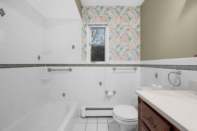 bathroom featuring toilet, tile patterned flooring, tile walls, a bathtub, and a baseboard radiator