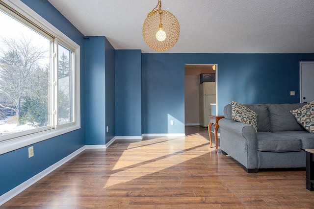 living room with wood-type flooring and a textured ceiling