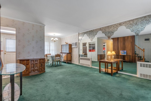 interior space with carpet flooring, radiator, crown molding, and an AC wall unit