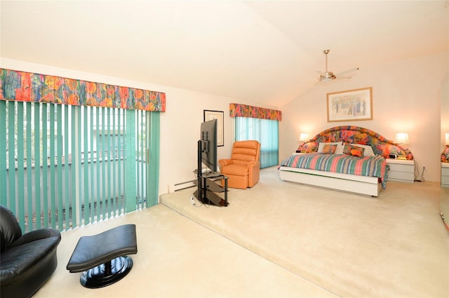 carpeted bedroom featuring access to outside, baseboard heating, ceiling fan, and lofted ceiling