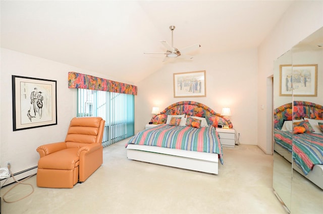 bedroom featuring carpet, ceiling fan, baseboard heating, and vaulted ceiling