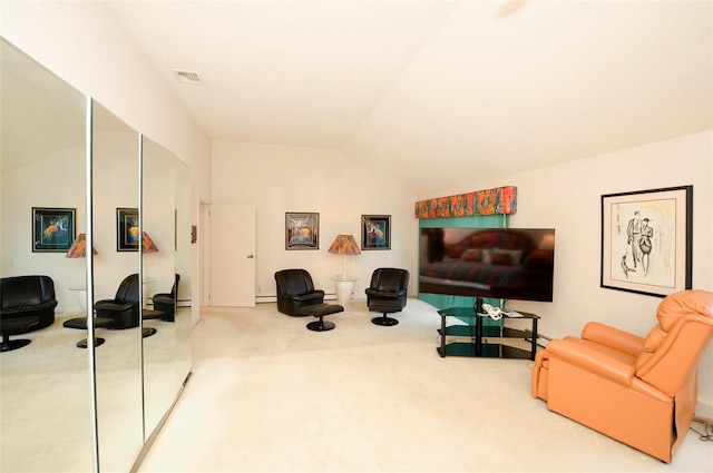 living room featuring carpet flooring, a baseboard radiator, and vaulted ceiling