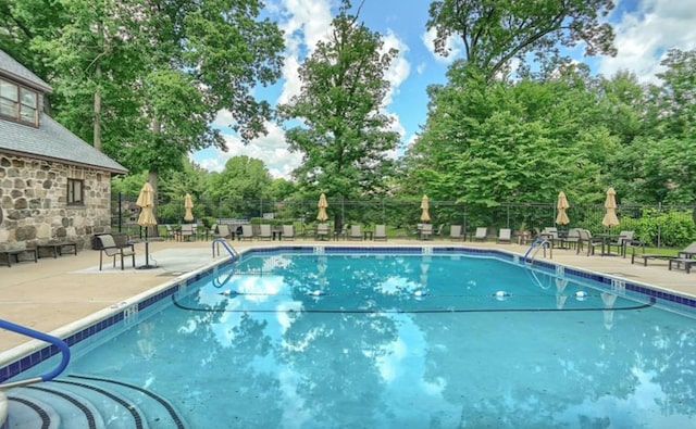 view of swimming pool featuring a patio