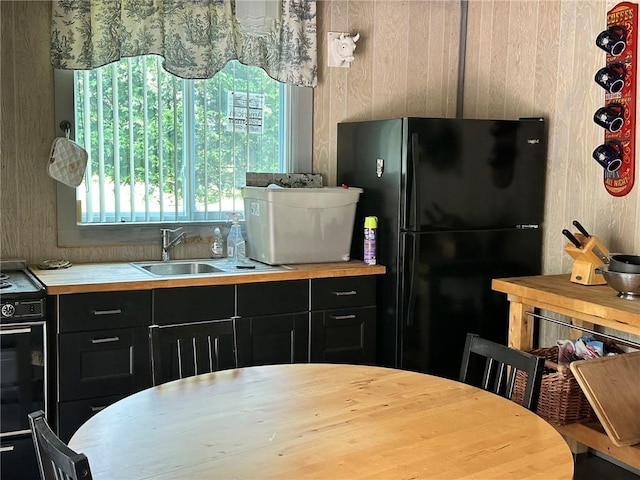 kitchen with wood walls, sink, and black appliances