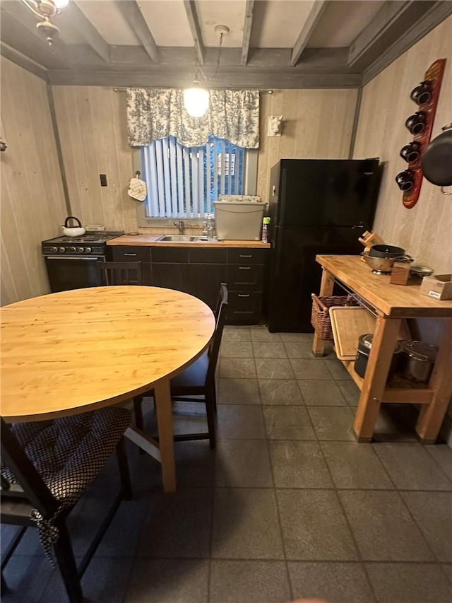 kitchen featuring wood walls, sink, and black appliances