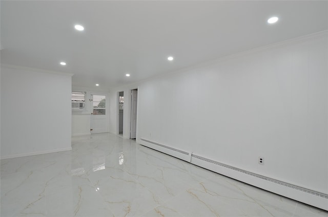 unfurnished room featuring a baseboard heating unit, crown molding, and cooling unit