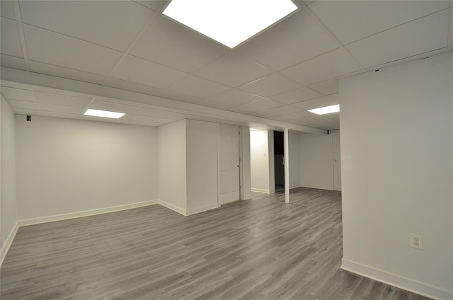 basement with a paneled ceiling and wood-type flooring