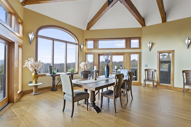dining room featuring light hardwood / wood-style flooring, high vaulted ceiling, and beamed ceiling