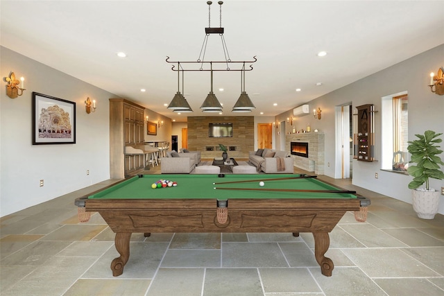 rec room featuring billiards and a wall mounted air conditioner