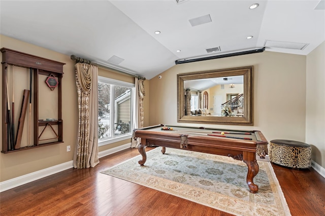 playroom featuring pool table, dark hardwood / wood-style flooring, and vaulted ceiling