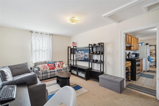 living room featuring light carpet