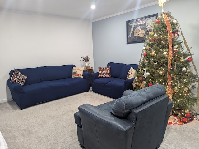 carpeted living room with crown molding