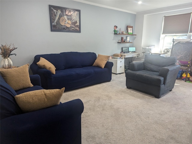 living room featuring crown molding and light colored carpet