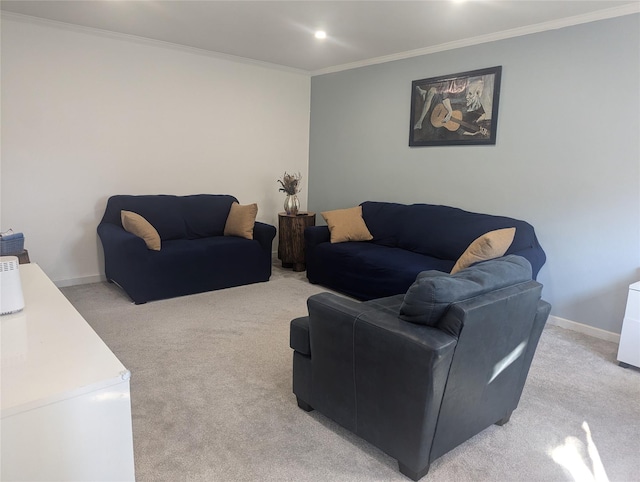 carpeted living room with crown molding