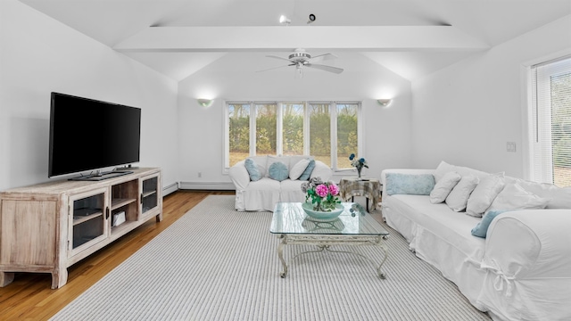 living room featuring ceiling fan, lofted ceiling with beams, a baseboard heating unit, and hardwood / wood-style flooring