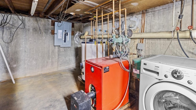 laundry area featuring gas water heater, electric panel, and washer / clothes dryer