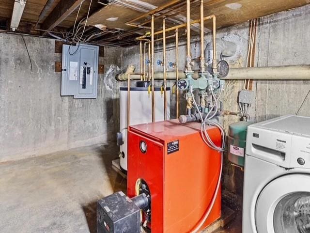 utilities with water heater, washer / dryer, electric panel, and a heating unit