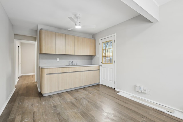 kitchen with ceiling fan, sink, hardwood / wood-style floors, and light brown cabinets