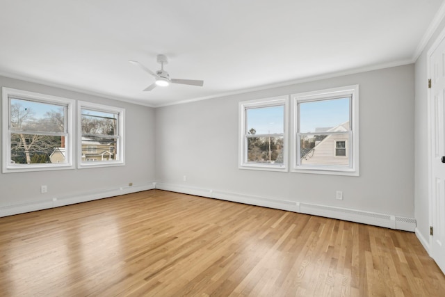 unfurnished room featuring crown molding, a baseboard radiator, ceiling fan, and light hardwood / wood-style floors