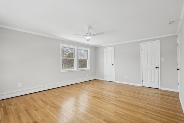 unfurnished room with light wood-type flooring, ornamental molding, ceiling fan, and baseboard heating