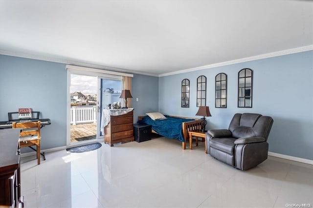 tiled bedroom with access to exterior and crown molding