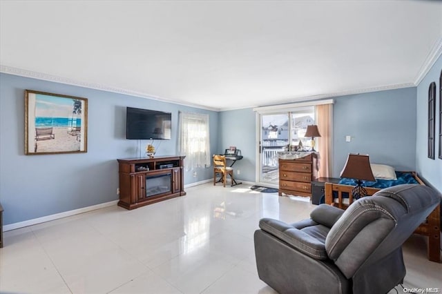 tiled living room with crown molding