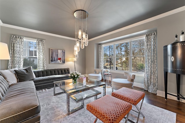 living room featuring crown molding and dark hardwood / wood-style floors