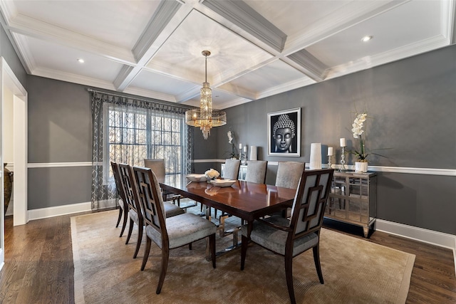 dining room featuring dark hardwood / wood-style flooring, ornamental molding, beam ceiling, and coffered ceiling