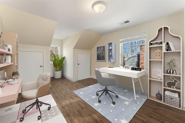 office area featuring a healthy amount of sunlight and dark hardwood / wood-style flooring