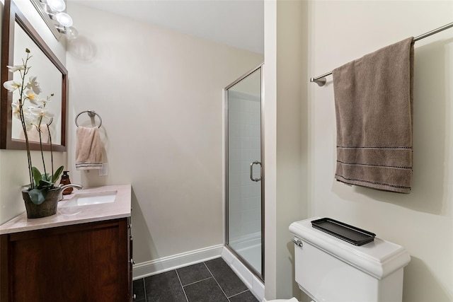 bathroom featuring tile patterned floors, a shower with door, and toilet