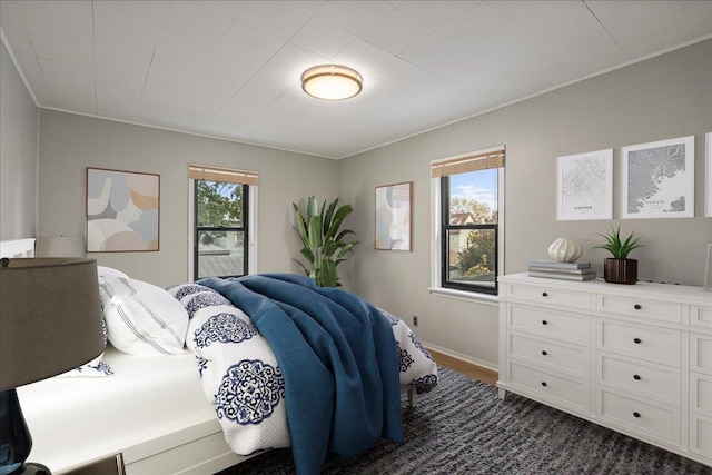 bedroom with multiple windows and dark wood-type flooring