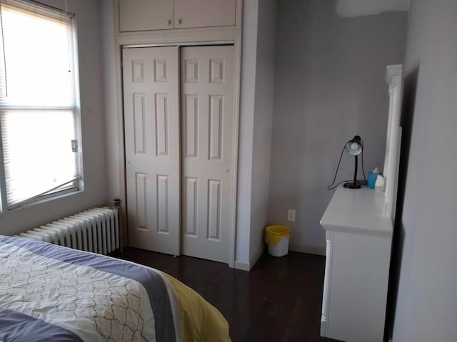 bedroom featuring radiator, a closet, and dark hardwood / wood-style flooring