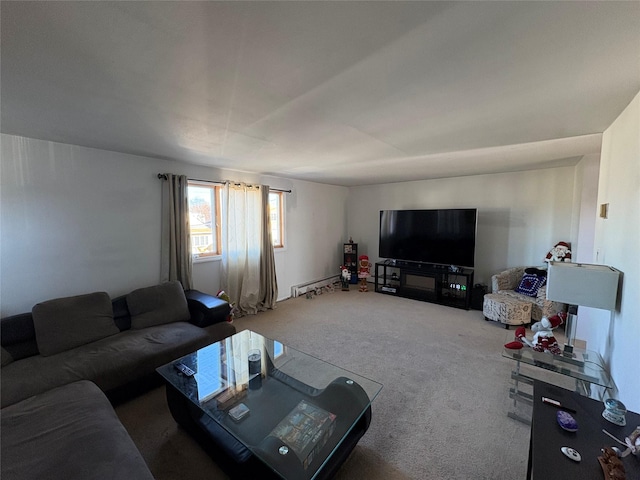 living room featuring carpet flooring and a baseboard heating unit