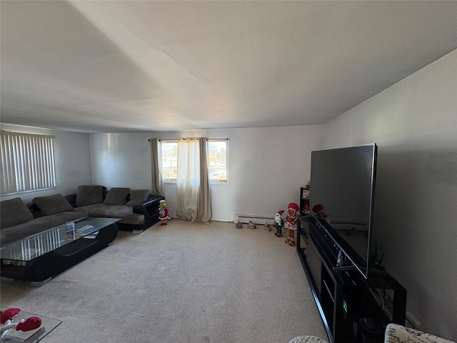 living room featuring carpet and a baseboard radiator