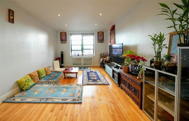 living room with light hardwood / wood-style flooring and ornamental molding