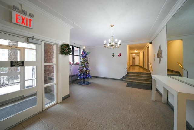 interior space with a chandelier and ornamental molding